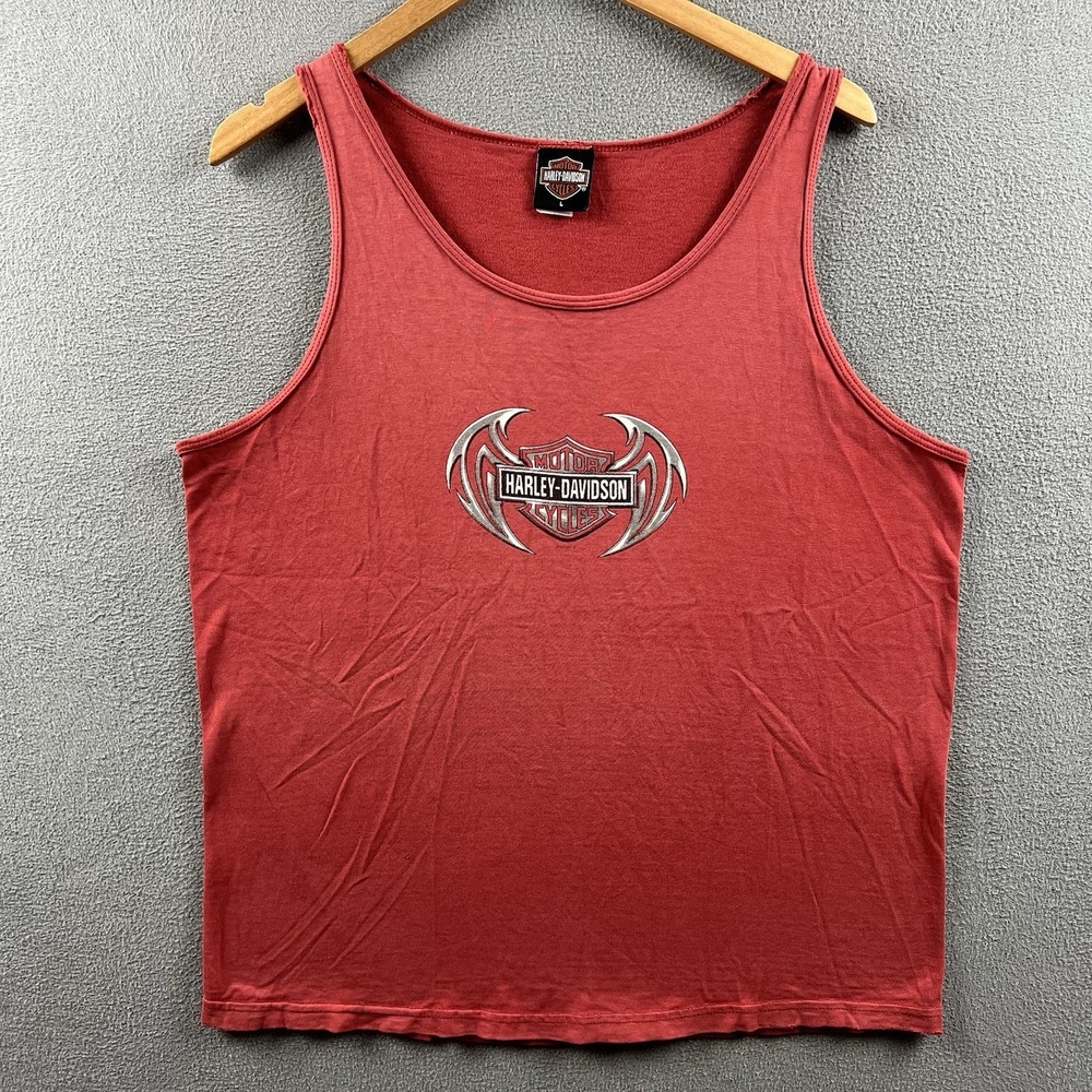 Vintage Harley Davidson Tank Top Mens Large Red Faded Chrome Eagle Sleeveless